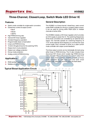 HV9982 datasheet - Three-Channel, Closed-Loop, Switch Mode LED Driver IC