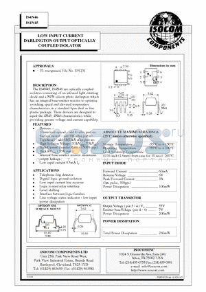 IS4N46 datasheet - LOW INPUT CURRENT DARLINGTON OUTPUT OPTICALLY COUPLED ISOLATOR