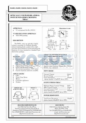 IS6005 datasheet - OPTICALLY COUPLED BILATERAL SWITCH NON-ZERO CROSSING TRIAC