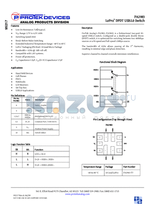 PA2983 datasheet - LoPro DPDT USB2.0 Switch
