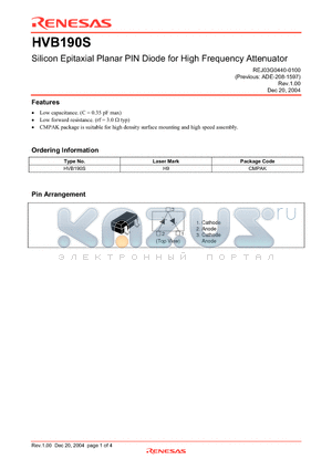 HVB190S datasheet - Silicon Epitaxial Planar PIN Diode for High Frequency Attenuator