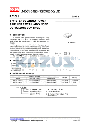 PA3011L-N24-R datasheet - 3-W STEREO AUDIO POWER AMPLIFIER WITH ADVANCED DC VOLUME CONTROL