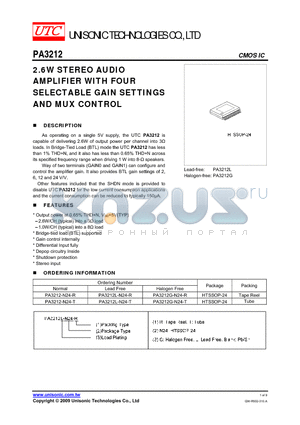 PA3212 datasheet - 2.6W STEREO AUDIO AMPLIFIER WITH FOUR SELECTABLE GAIN SETTINGS AND MUX CONTROL
