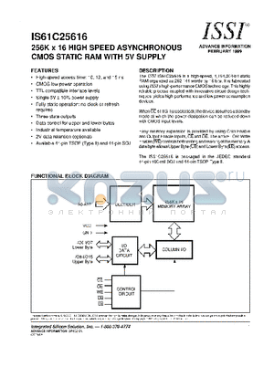 IS61C25616 datasheet - 256K X 16 HIGH SPEED ASYNCHRONOUS CMOS STATIC RAM WITH 5V SUPPLY