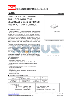 PA3312 datasheet - DUAL 2.6W AUDIO POWER AMPLIFIER WITH FOUR SELECTABLE GAIN SETTINGS