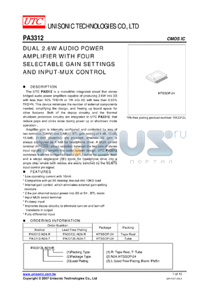 PA3312-N24-T datasheet - DUAL 2.6W AUDIO POWER AMPLIFIER WITH FOUR SELECTABLE GAIN SETTINGS