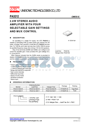 PA3212L-N24-T datasheet - 2.6W STEREO AUDIO AMPLIFIER WITH FOUR SELECTABLE GAIN SETTINGS AND MUX CONTROL