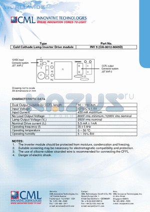 OA-0012-8045D datasheet - Cold Cathode Lamp Inverter Drive module