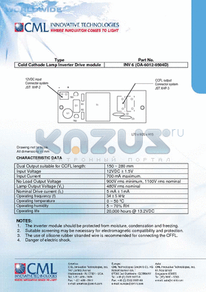 OA-6012-0504D datasheet - Cold Cathode Lamp Inverter Drive module
