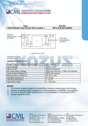 OA-0012-8045A datasheet - Cold Cathode Lamp Inverter Drive module