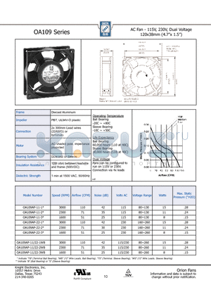 OA109AP-11-2 datasheet - AC Fan - 115V, 230V, Dual Voltage 120x38mm (4.7x 1.5)