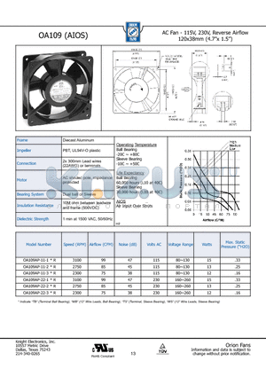 OA109 datasheet - AC Fan - 115V, 230V, Reverse Airflow 120x38mm (4.7x 1.5)