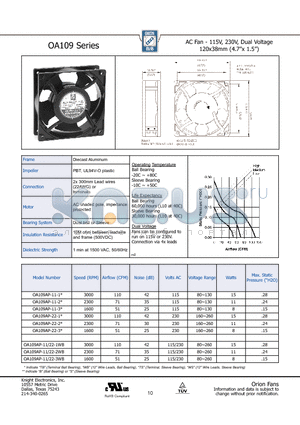 OA109AP-22-2 datasheet - AC Fan - 115V, 230V, Dual Voltage 120x38mm (4.7x 1.5)