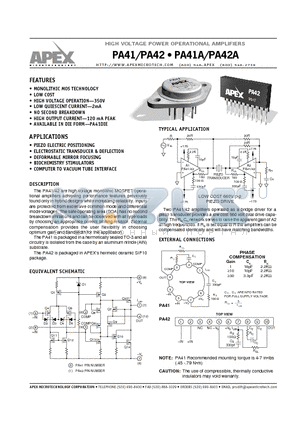 PA41 datasheet - HIGH VOLTAGE POWER OPERATIONAL AMPLIFIERS