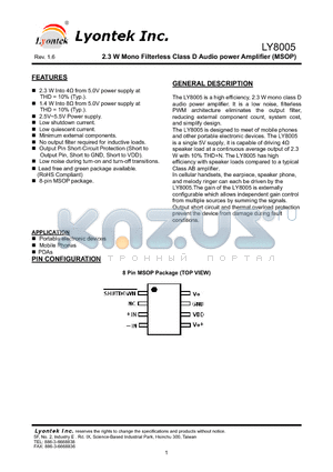 LY8005 datasheet - 2.3 W Mono Filterless Class D Audio power Amplifier (MSOP)