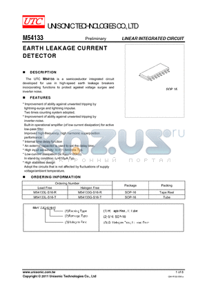 M54133L-S16-T datasheet - EARTH LEAKAGE CURRENT DETECTOR