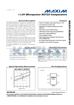 MAX9100 datasheet - 1.0V Micropower SOT23 Comparators