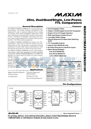 MAX9108 datasheet - 25ns, Dual/Quad/Single, Low-Power, TTL Comparators