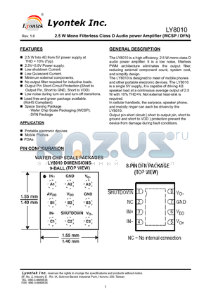 LY8010 datasheet - 2.5 W Mono Filterless Class D Audio power Amplifier (WCSP / DFN)