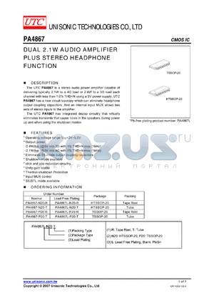 PA4867-P20-R datasheet - DUAL 2.1W AUDIO AMPLIFIER PLUS STEREO HEADPHONE FUNCTION