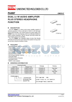 PA4867G-P20-R datasheet - DUAL 2.1W AUDIO AMPLIFIER PLUS STEREO HEADPHONE FUNCTION