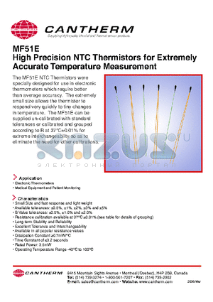 MF51E3950 datasheet - MF51E High Precision NTC Thermistors for Extremely Accurate Temperature Measurement