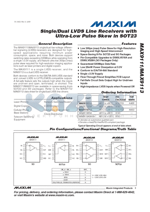 MAX9113 datasheet - Single/Dual LVDS Line Receivers with Ultra-Low Pulse Skew in SOT23