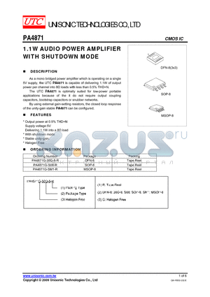 PA4871G-SM1-R datasheet - 1.1W AUDIO POWER AMPLIFIER WITH SHUTDOWN MODE