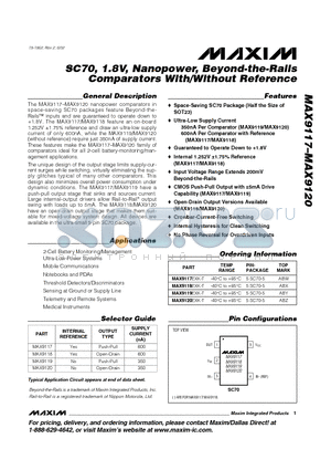 MAX9117 datasheet - SC70, 1.8V, Nanopower, Beyond-the-Rails Comparators With/Without Reference