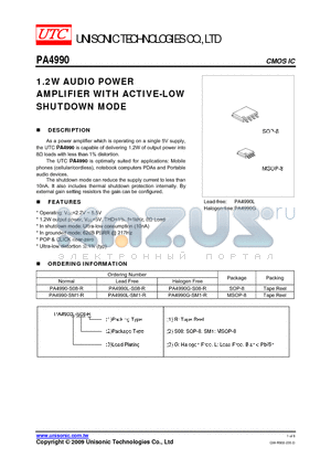 PA4990G-SM1-R datasheet - 1.2W AUDIO POWER AMPLIFIER WITH ACTIVE-LOW SHUTDOWN MODE