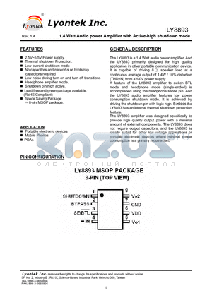 LY8893UL datasheet - 1.4 Watt Audio power Amplifier with Active-high shutdown mode