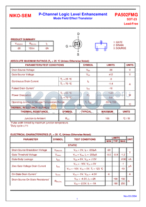 PA502FMG datasheet - P-Channel Logic Level Enhancement Mode Field Effect Transistor