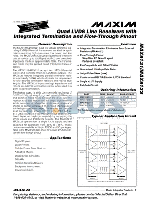 MAX9121 datasheet - Quad LVDS Line Receivers with Integrated Termination and Flow-Through Pinout