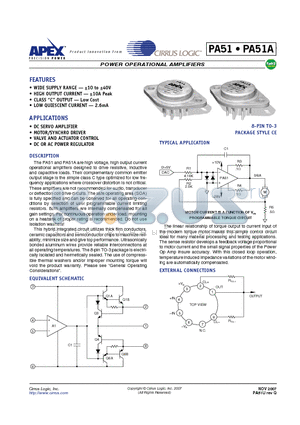 PA51 datasheet - POWER OPERATIONAL AMPLIFIERS