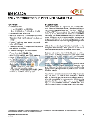 IS61C632A-6TQ datasheet - 32K x 32 SYNCHRONOUS PIPELINED STATIC RAM