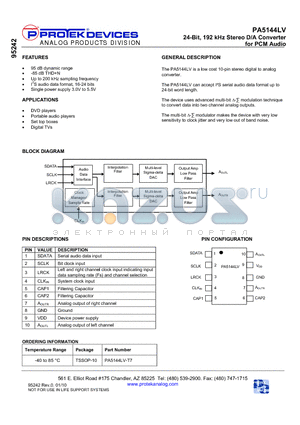 PA5144LV datasheet - 24-Bit, 192 kHz Stereo D/A Converter for PCM Audio