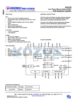 PA5155 datasheet - Low Power Stereo Audio CODEC With Headphone Amplifier