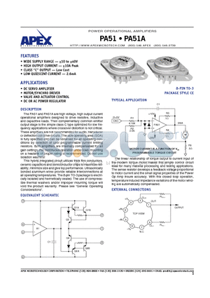 PA51A datasheet - POWER OPERATIONAL AMPLIFIERS