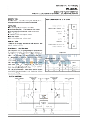 M54543AL datasheet - Bi-DIRECTIONAL MOTOR DRIVER WITH BRAKE FUNCTION AND THERMAL SHUT DOWN FUNCTION