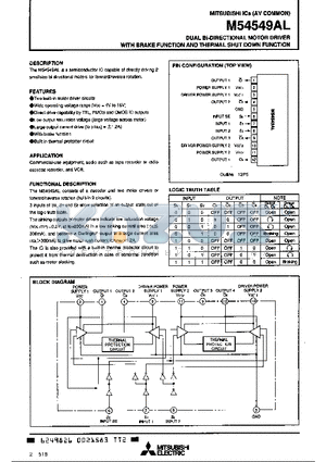 M54549AL datasheet - DUAL BI-DIRECTIONAL MOTOR DRIVER WITH BRAKE FUNCTION AND THERMAL SHUT DOWN FUNCTION