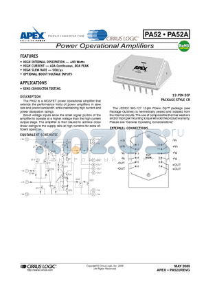 PA52 datasheet - Power Operational Amplifiers