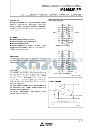 M54562FP datasheet - 8-UNIT 500mA SOURCE TYPE DARLINGTON TRANSISTOR ARRAY WITH CLAMP DIODE