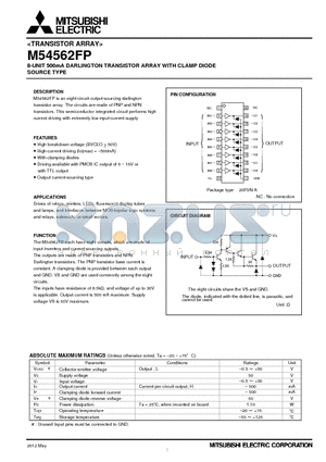 M54562FP datasheet - 8-UNIT 500mA DARLINGTON TRANSISTOR ARRAY WITH CLAMP DIODE SOURCE TYPE