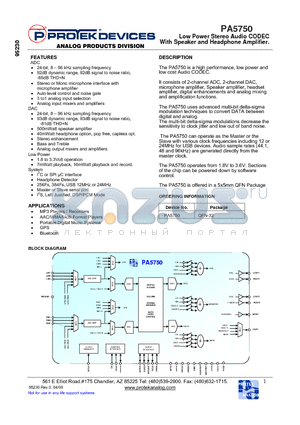 PA5750 datasheet - Low Power Stereo Audio CODEC With Speaker and Headphone Amplifier.