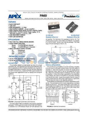 PA60 datasheet - HIGH VOLTAGE POWER OPERATIONAL AMPLIFIERS