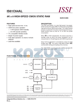 IS61C64AL-10JLI datasheet - 8K x 8 HIGH-SPEED CMOS STATIC RAM