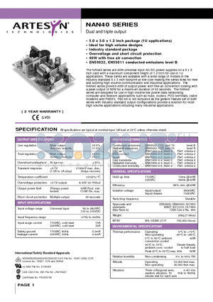 NAN40 datasheet - Dual and triple output 40 Watt AC/DC universal input switch mode power supplies