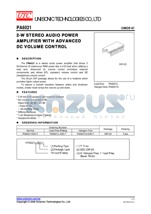 PA6021 datasheet - 2-W STEREO AUDIO POWER AMPLIFIER WITH ADVANCED DC VOLUME CONTROL