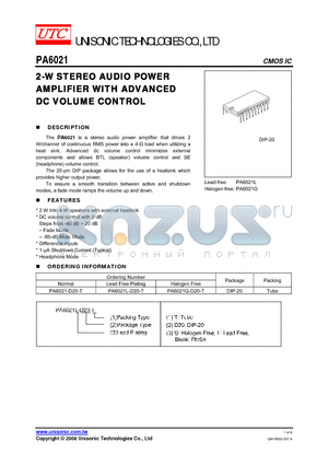 PA6021L-D20-T datasheet - 2-W STEREO AUDIO POWER AMPLIFIER WITH ADVANCED DC VOLUME CONTROL
