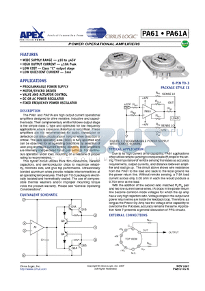 PA61 datasheet - POWER OPERATIONAL AMPLIFIERS